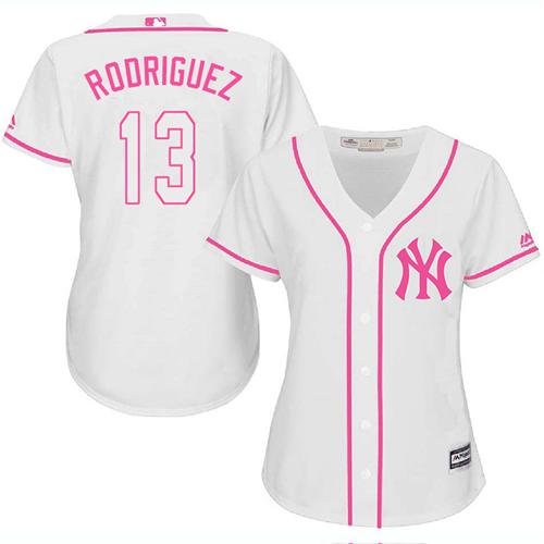 Yankees #13 Alex Rodriguez White/Pink Fashion Women's Stitched MLB Jersey - Click Image to Close